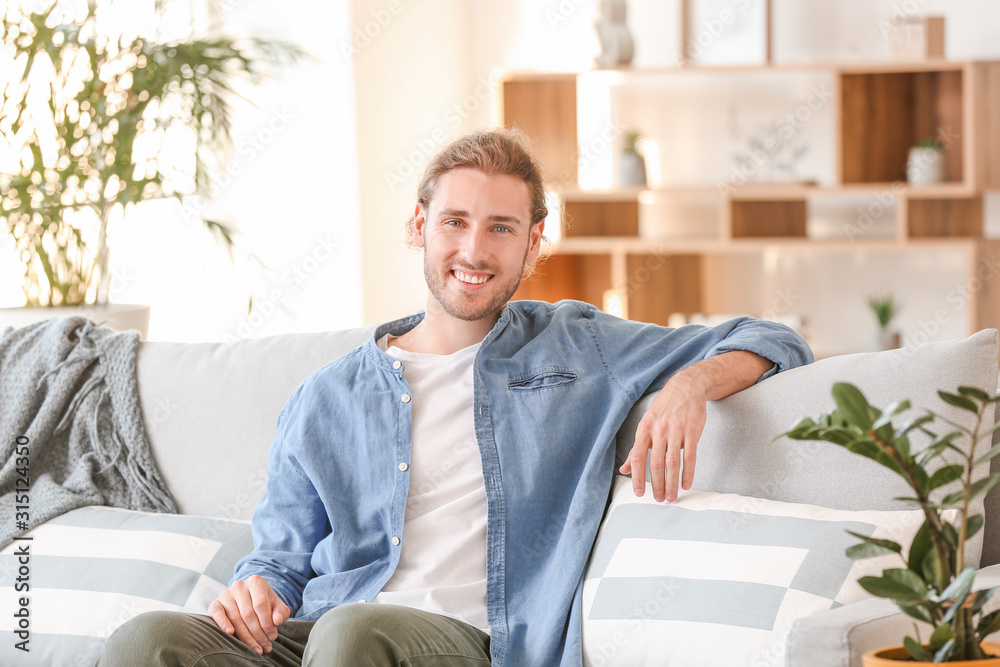 Handsome man sitting on sofa at home