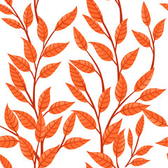 Wall Mural - Seamless pattern of orange autumn leaves on branches flat vector illustration on white background