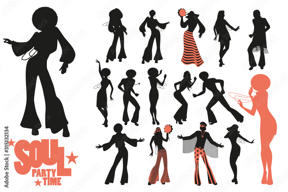 Soul dance clipart collection. Set of soul, funk or disco dancers isolated on white background.. - obrazy, fototapety, plakaty 