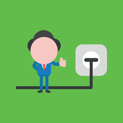 Poster - Vector illustration of businessman character with plug plugged into outlet and giving thumbs up.