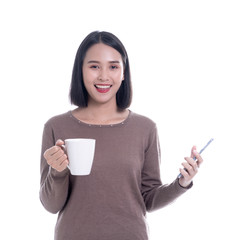 Happy emotion of asian young beautiful woman drink hot coffee while using smartphone, beauty Chinese thai girl face natural makeup, isolated on white background.