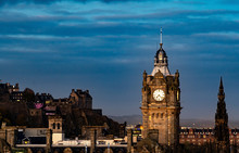 Clock Towner Old Town Edinburgh And Edinburgh Castle View From The National Monument And Nelson Monument On Calton Hill On A Night Light Twilight Be For Sunrise Landscape Of Edinburgh, Scotland , UK