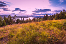 Sunset With View On Galavatnet Lake And Mountains In Gudbrandsdalen Valley Near Gala In Norway. Host Of The Outdoor Peer Gynt Tale