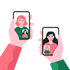 Poster - Hands holding smartphone with chatting girls on smartphone screen. Chatting concept. Finger touch screen. Vector flat cartoon illustration