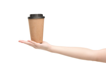 cropped view of woman holding paper cup isolated on white