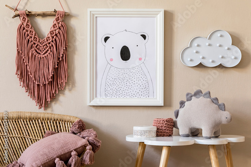 Stylish Scandinavian Nursery Interior With Mock Up Photo Frame