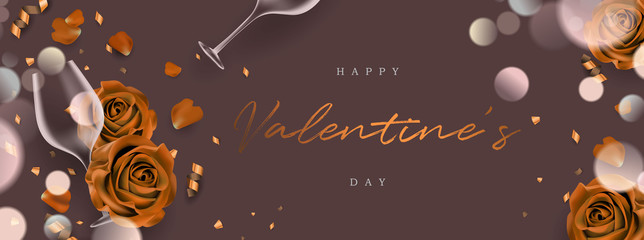 Gold luxury valentine's day banner with realistic rose flower, confetti and wine glass background vector illustration