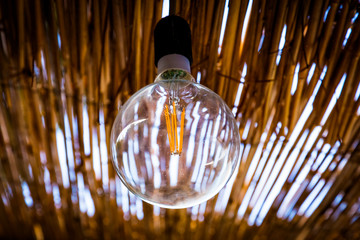 Modern energy saving filament led bulb edison style light lamp in a country tropical house with a thatched roof, modern technology, ecology concept.