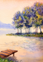 Watercolor Landscape. Sunset Over The Lake