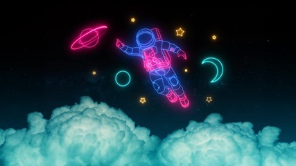 Wall Mural - Neon Light Astronaut Planets And Stars Glow On A Space Background Above The Clouds. Cosmic Neon Sign, Bright Signboard, Light Banner, Space Logo, Emblem. Seamless Loop