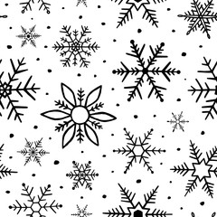 Poster - hand drawn snowflakes doodle seamless pattern. winter background black white design. sketch snowflak