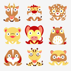  Set of yellow and brown wild animals isolated on a white background.