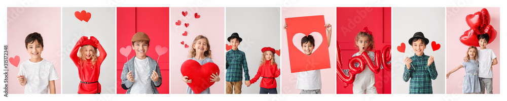 Collage of photos with cute little children. Valentine's Day celebration - obrazy, fototapety, plakaty 