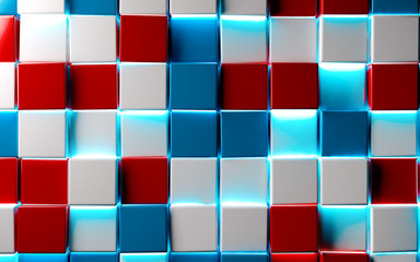 Wall Mural - Abstract red and blue blocks or cubes background.trendy design of mosaic shiny texture and neon lights. Tech and digital backdrop.3d illustration