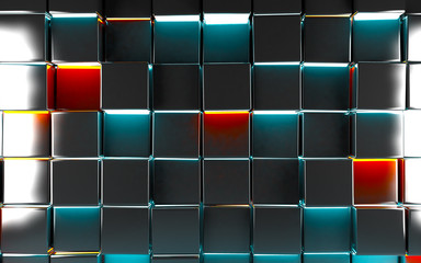 Wall Mural - Abstract black blocks or cubes background.trendy design of mosaic shiny texture and neon lights. Tech and digital backdrop.3d illustration