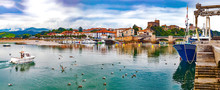 San Vicente De La Barquera Village In Cantabria,Spain.Scenic Medieval Village ,mountain And Sea Panoramic Landscape In Northern Spain.Green Meadows And Boats In The Port