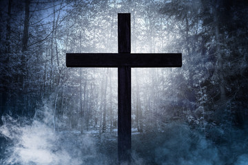 Wall Mural - cross in scary forest