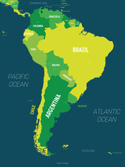 Poster - South America map - green hue colored on dark background. High detailed political map South American continent with country, capital, ocean and sea names labeling