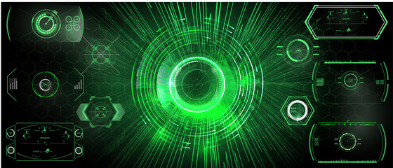 Poster - Control panel or HUD interface. Vector illustration. Dark spaceship interior with large window view Concept and screen design, technology and science circuits