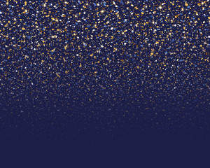 Falling bright sparkling particles. Gold glitter confetti. Falling sparkles. Golden light effect. Abstract bokeh lights. Design wedding celebration. Gold dust on blue background. Sparkling starry sky