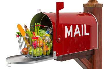 Poster - food delivery concept. shopping basket full of products with mailbox. 3d rendering