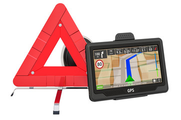 Poster - Warning triangle with GPS receiver. 3D rendering