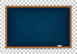 Realistic blue chalkboard with wooden frame isolated on transparent background. Template blackboard for design. Rubbed out dirty chalkboard. Empty school chalkboard for classroom or restaurant menu
