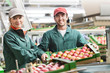 © Agnieszka Olek/Caia Image - Portrait smiling workers boxes of red apples in food processing plant