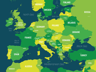 Wall Mural - Europe map - green hue colored on dark background. High detailed political map of european continent with country, capital, ocean and sea names labeling