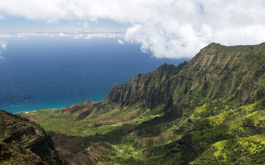 The Kalalau Valley, which opens with a view of the Pacific Ocean on the Nā Pali Coast, Kauai Hawaii. 