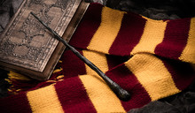 Subjects Of The School Of Magic. Scarf, Magic Wand, Book Of Spells On Grey Dark Rag Background.