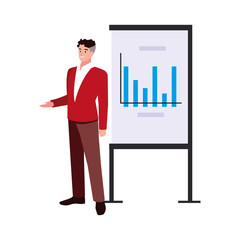 businessman standing with graphs on white background