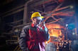 © Caiaimage/Agnieszka Olek/Caia Image - Steelworker talking, using walkie-talkie in steel mill