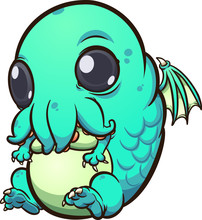 Baby Cthulhu Sitting And Looking Cute Cartoon. Vector Clip Art Illustration With Simple Gradients. All In A Single Layer.