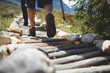 © Trevor Adeline/Caia Image - Feet of male hiker hiking along log footpath