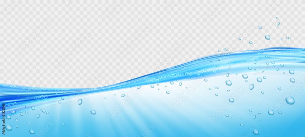 Water waves with air bubbles and sunbeams on transparent background. Vector illustration - obrazy, fototapety, plakaty 