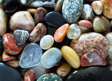 Closeup Focus Stacked Image Of Tumbled Rocks To Include Agates And Petrified Wood
