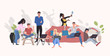 © mast3r - people using digital gadgets taking selfie photo on smartphone camera mix race men women streaming live communication blogging concept horizontal full length vector illustration