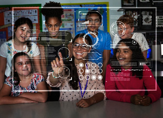 Teacher junior high school students using futuristic touch screen in classroom