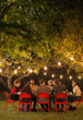 © Paul Bradbury/Caia Image - Friends enjoying dinner garden party under trees with fairy lights