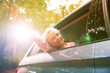 © Himalayan Pics/Caia Image - Carefree girl reaching arm out sunny car window
