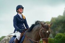 Confident Smiling Teenage Girl Equestrian Horseback Riding