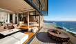 © Chris Ryan/Caia Image - Fire pit and furniture on modern luxury beach house patio with sunny ocean view