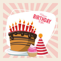 Poster - happy birthday celebration party sweet cake hat and cupcake