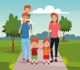 Sticker - happy family with kids walking in the park, colorful design