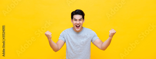 Cuadros en Lienzo Excited young Asian man raising his fists with smiling delighted face