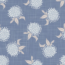 French Shabby Chic Floral Linen Vector Texture Background. Pretty Dandelion Flower On Blue Seamless Pattern. Hand Drawn Floral Interior Home Decor Swatch. Classic Rustic Farmhouse Style All Over Print