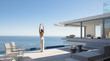 © Tom Merton/Caia Image - Woman practicing yoga mountain pose on sunny modern, luxury home showcase exterior patio with ocean view