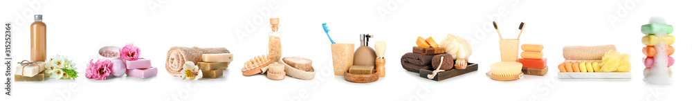 Composition with spa items on white background - obrazy, fototapety, plakaty 