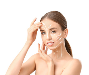 Sticker - Beautiful woman massaging her face against white background